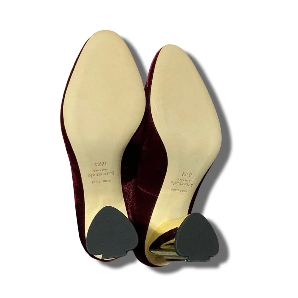 Kate Spade Sybil Pump Cherrywood Burgundy Velvet Gold Rhinestone Block Heel 8.5M